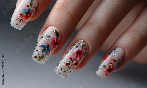 Beautiful woman's hand with long nails in the style of nail art, with flowers and glitter on her fingernails. A closeup photo of an elegant manicure with flower patterns