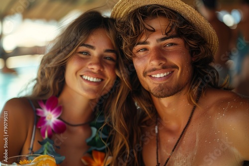 Happy young man and woman in beachwear, enjoying tropical drinks and smiling