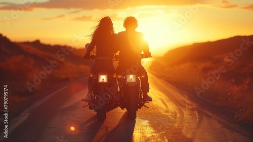 Romantic Sunset Cruise on Vintage Motorcycle, generative ai © Matus