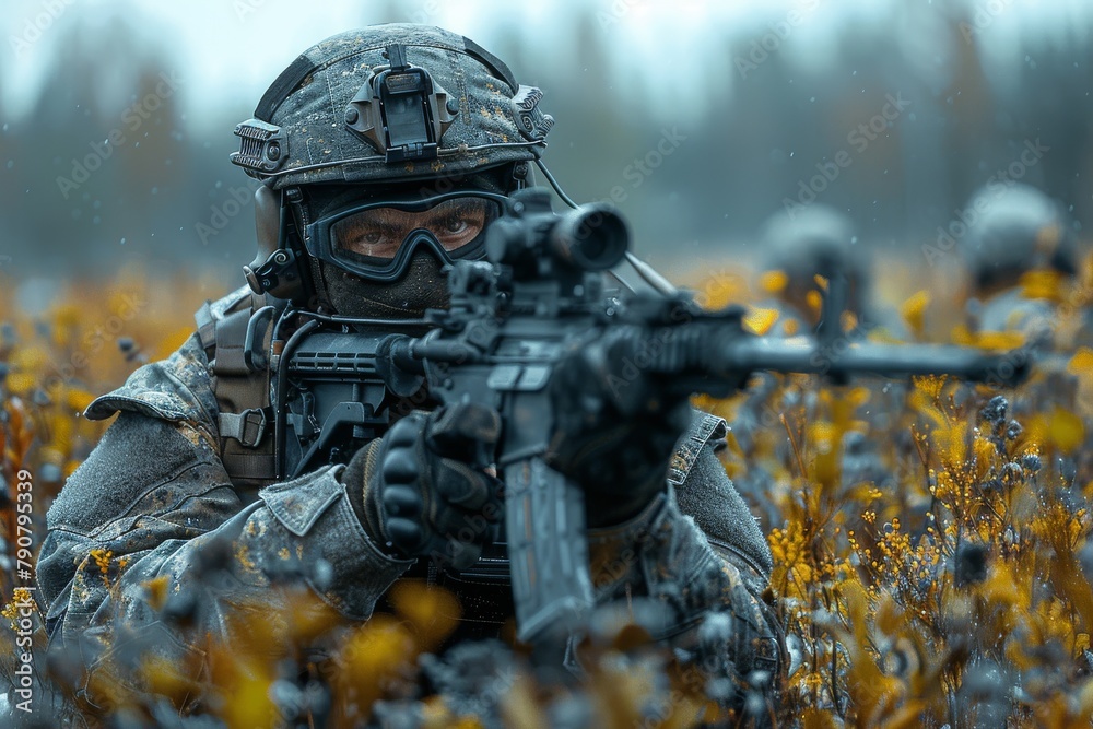 A soldier in tactical gear kneels in a flower field, aiming a rifle with the face deliberately obscured
