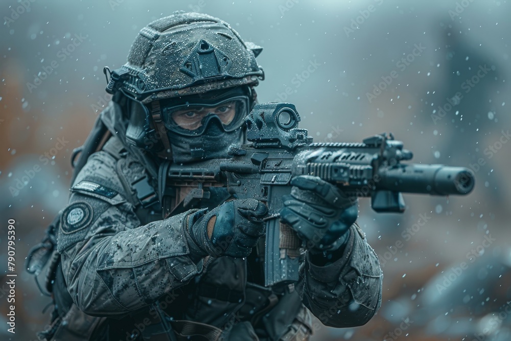 Dramatic image of a camouflaged soldier aiming his rifle, face obscured by a snow flurry Dramatic image of a camouflaged soldier aiming his rifle, face obscured by a snow flurry