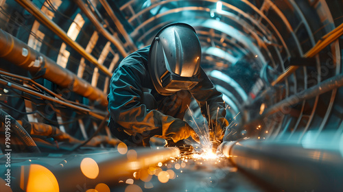 A male welder working inside a large pipe