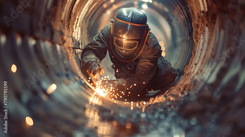 A male welder welding working inside a large pipe photo