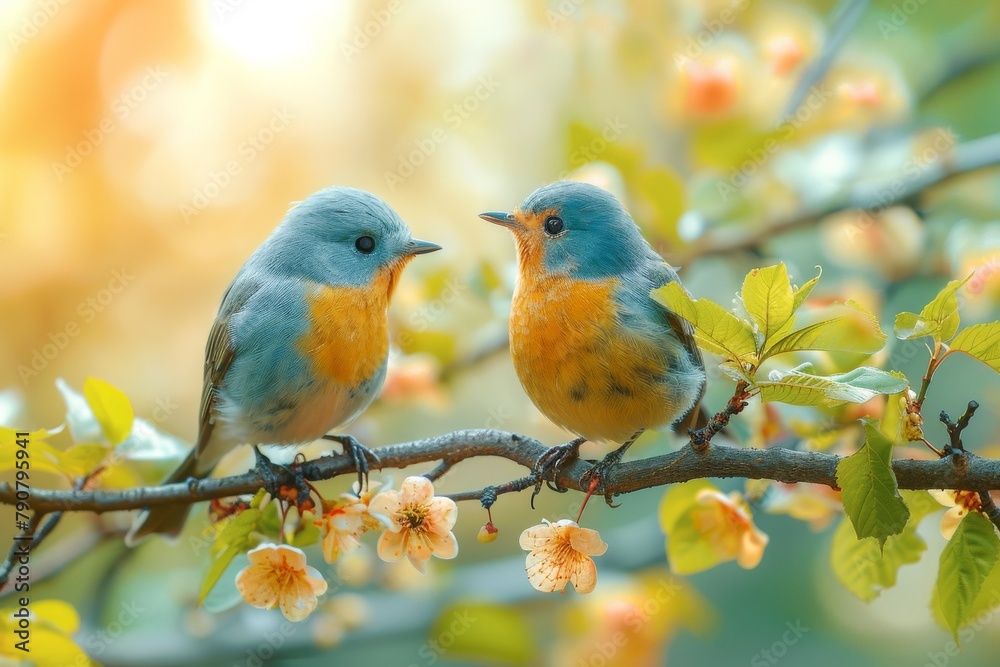 Image of two blue birds in the midst of a gentle interaction on a branch adorned with spring blossoms