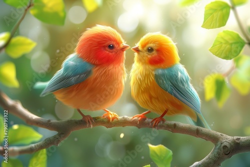 Illustration of two cute, colorful birds facing each other on a branch, seemingly in a loving interaction © Larisa AI