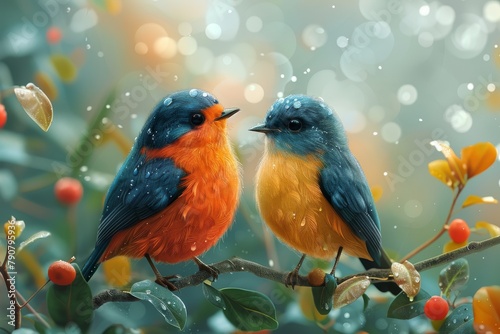 Two small birds with contrasting blue and orange plumage share a tender moment on a branch amidst a misty floral setting