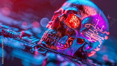 Vibrant Digital Mechanical Skull Artwork with Sci-Fi and Futuristic Aesthetics