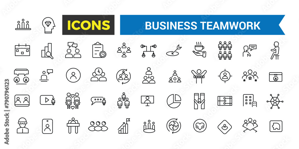 Business Teamwork, Team Building, Work Group And Human Resources Line Web Icon Set, Outline Icons Collection, Icon collection. Editable vector illustration., Vector Illustration