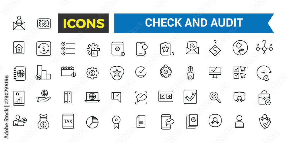 Check And Audit Line Icons Collection, Audit And Business Line Icons Collection, Big Ui Icon Set In A Flat Design, Vector Illustration