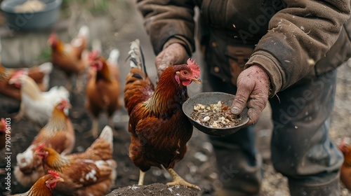 A busy scene at a chicken farm during feeding time, a farmer distributing food, dynamic and lively, with ample text space at the top