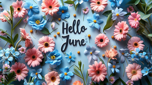 Hello June text surrounded by a colorful floral arrangement. photo