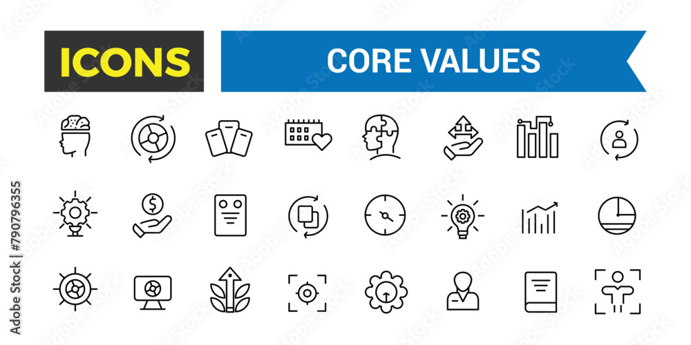 Core Values Icon Set, Full Vector Outline Style Icons, Commitment, Environmentalism Icons, Personal Growth, Innovation, Family, Problem Solving, Vector Illustration Core Values Icon Set, Full Vector Outline Style Icons, Commitment, Environmentalism Icons, Personal Growth, Innovation, Family, Problem Solving, Vector Illustration