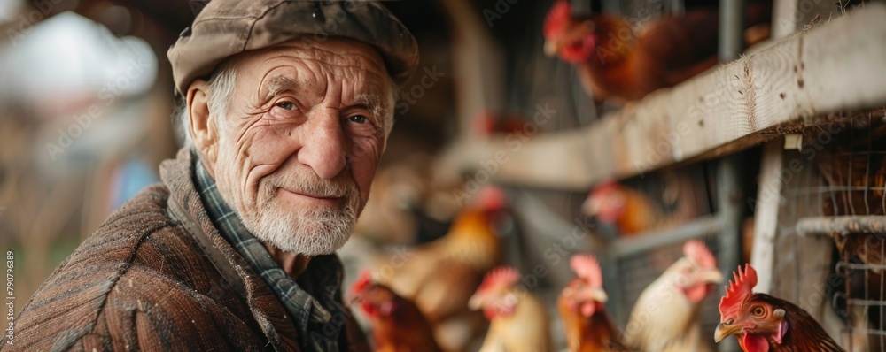 A close-up of a farmer in a chicken coop, checking on the health of the birds, intimate and detailed, ideal for text on the left A close-up of a farmer in a chicken coop, checking on the health of the birds, intimate and detailed, ideal for text on the left