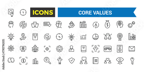 Core Values Icon Set, Full Vector Outline Style Icons, Commitment, Environmentalism Icons, Personal Growth, Innovation, Family, Problem Solving, Vector Illustration