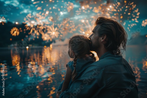 An anonymized family enjoys a magical moment watching a firework display reflection over a calm lake photo