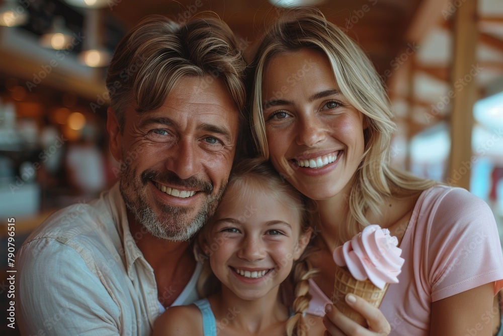 Fototapeta premium A happy family portrait with a couple and their daughter sharing smiles and ice cream