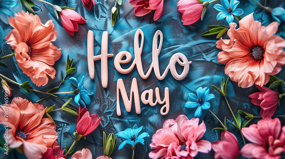 Naklejka premium Bright and cheerful Hello May with vivid spring flowers.