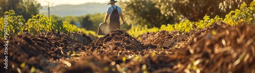 A detailed scene showing an integrated farmer aerating a compost pile that serves both the orchard and livestock pens, text space on the right photo