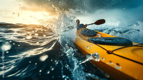 Action shot of a person kayaking in turbulent sea waves photo