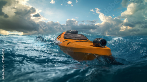 Orange kayak navigating through the rough sea waves photo