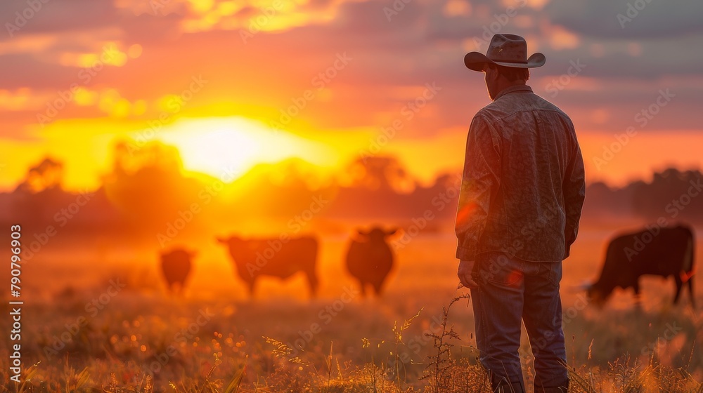 A sunrise scene with an integrated farmer starting the day by checking on both livestock and crop sections, designed with ample text space at the top A sunrise scene with an integrated farmer starting the day by checking on both livestock and crop sections, designed with ample text space at the top