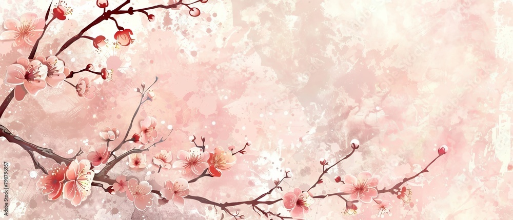 This is a Japanese background with watercolor texture modern. Flower branch decoration with floral pattern illustration banner in a vintage style.