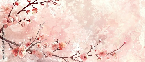 This is a Japanese background with watercolor texture modern. Flower branch decoration with floral pattern illustration banner in a vintage style.