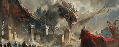 Dragon attacking a castle and fighting with army