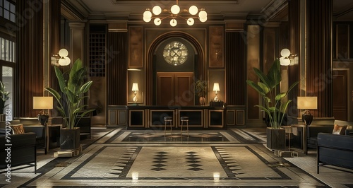 Art Deco 3D render lavish hotel lobby with period-appropriate d?(C)cor photo
