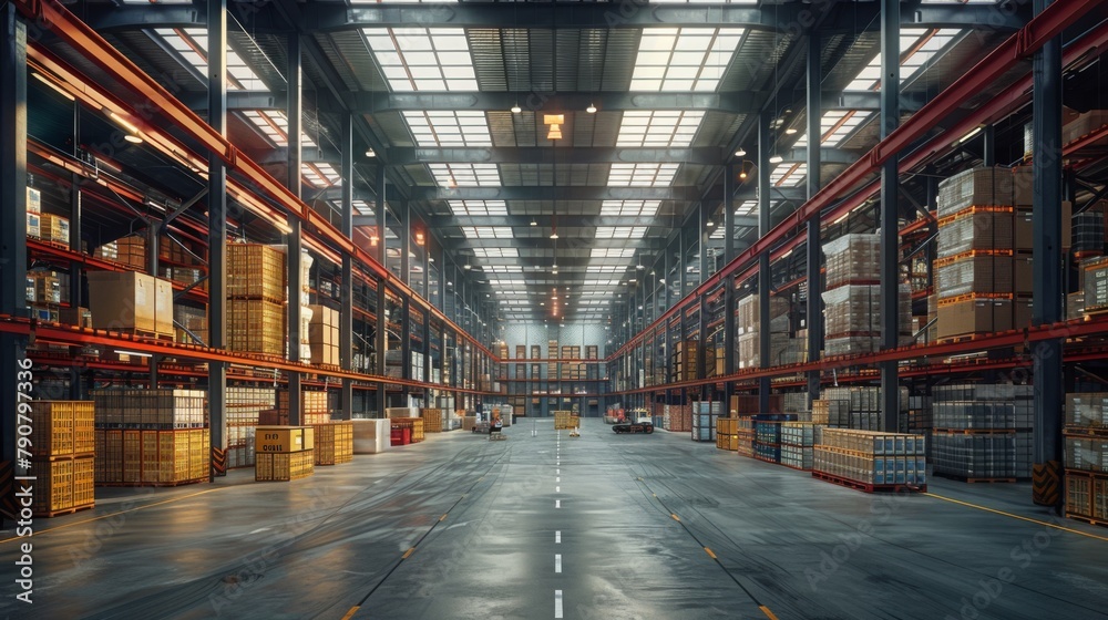 Fototapeta premium Spacious Industrial Warehouse with High Storage Capacity. Logistics and Customs Concepts. Front View. container