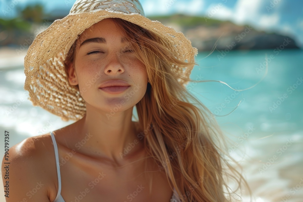 Close-up portrait of a woman with sunglasses and a straw hat on a sunny beach day