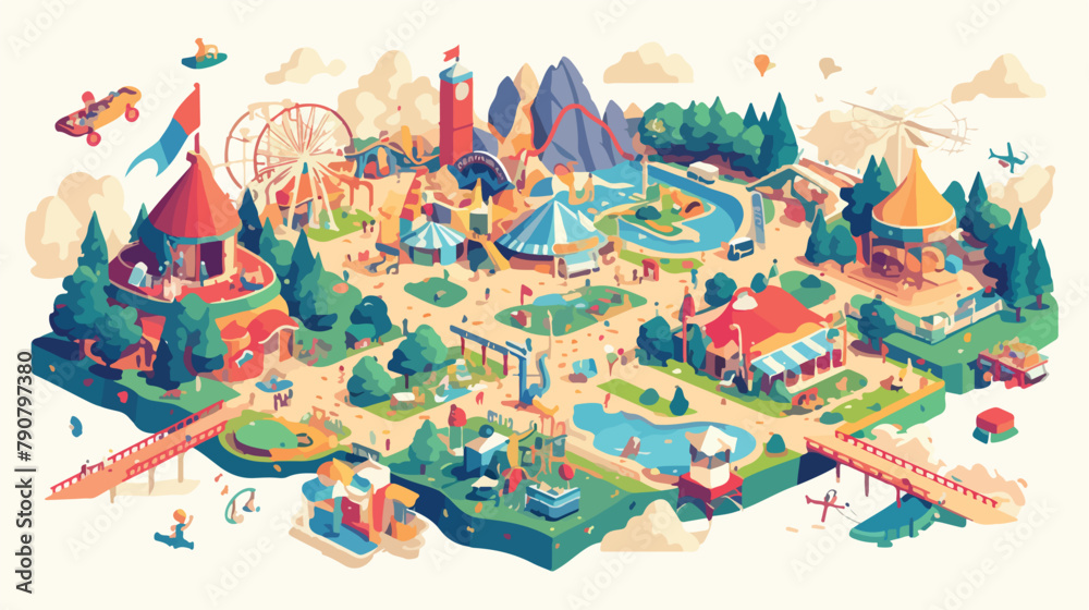 Cartoon vector amusement park map background isolat