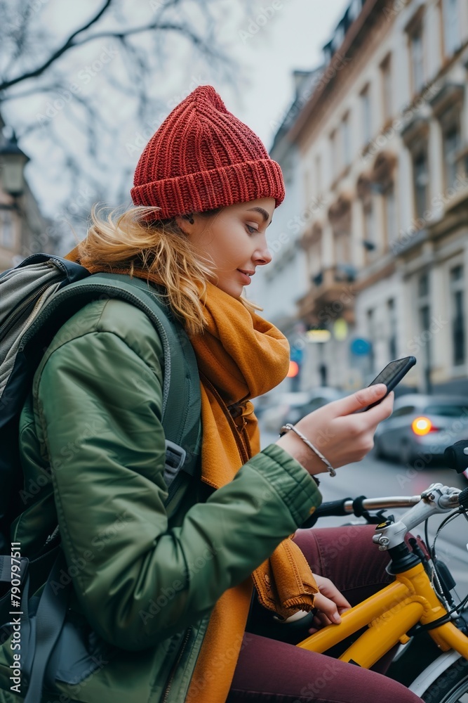 Woman Sitting on Bike Checking Phone