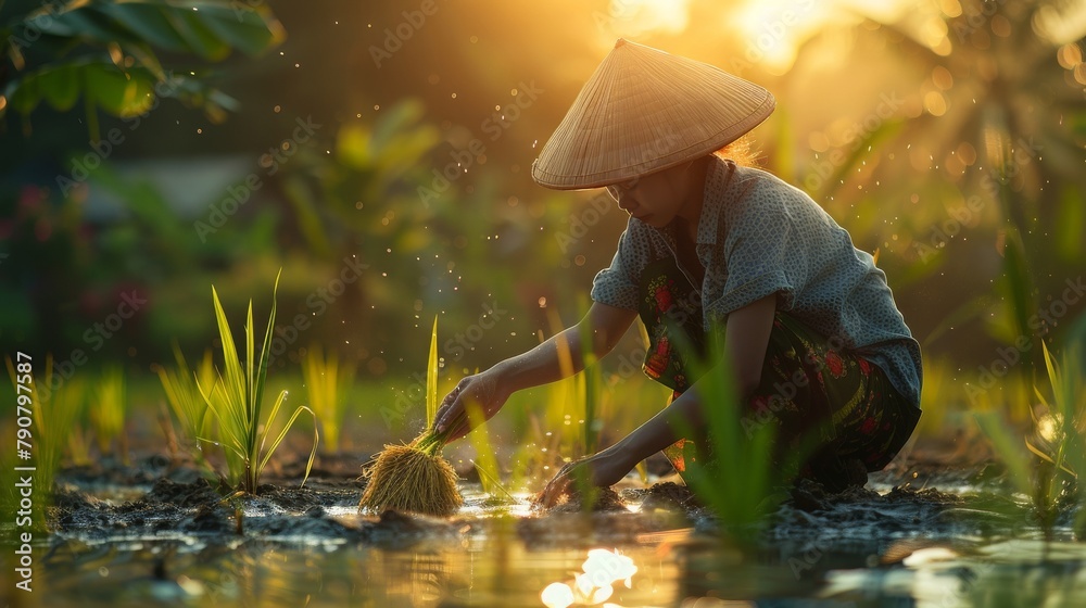 Visualize a rice farmer engaging in the early morning planting of rice ...