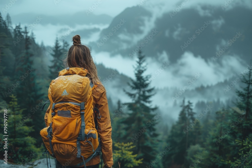A lone hiker with an orange backpack stands facing a vast expanse of misty, cloud-shrouded mountains and lush greenery A lone hiker with an orange backpack stands facing a vast expanse of misty, cloud-shrouded mountains and lush greenery