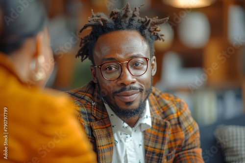 An engaging, sharp image capturing a stylish man with dreadlocks wearing glasses and a patterned blazer during an indoor conversation