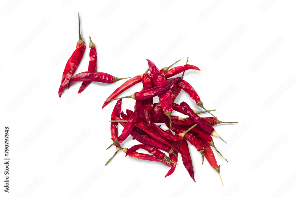 Fototapeta premium Group of dried chili, sun-dried hot pepper , cayenne pepper or chili, isolated on white background with clipping path. Top view.
