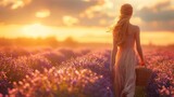 Dreamy Sunset Stroll in Lavender Field, generative ai