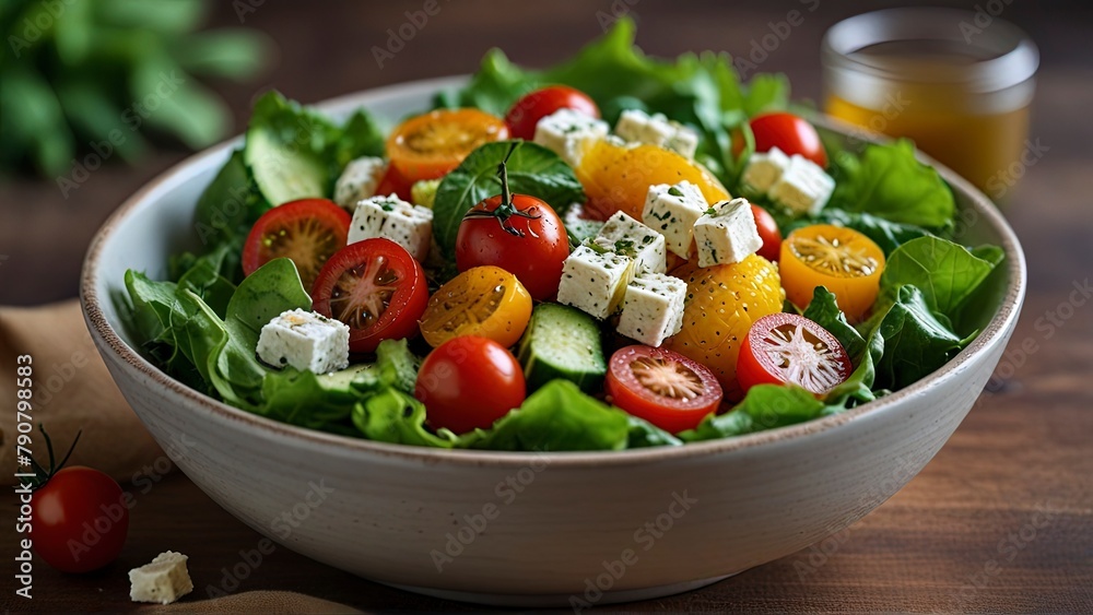 A vibrant summer salad with a mix of fresh greens, juicy cherry tomatoes, crunchy cucumbers, and tangy feta cheese, all generously coated in a zesty lemon vinaigrette. This mouthwatering image is not A vibrant summer salad with a mix of fresh greens, juicy cherry tomatoes, crunchy cucumbers, and tangy feta cheese, all generously coated in a zesty lemon vinaigrette. This mouthwatering image is not
