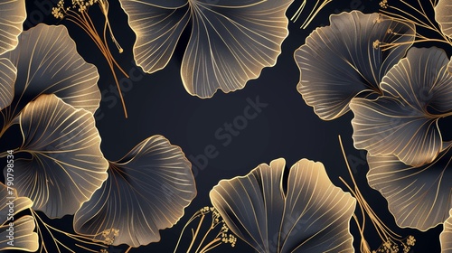 Modern illustration. Ginkgo leaves cover design background. Luxury Floral art deco. Gold natural wall art.