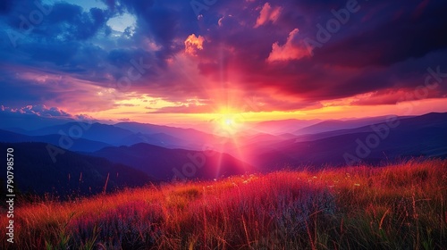 Beautiful sunset in the mountains. Dramatic sky. Beauty world