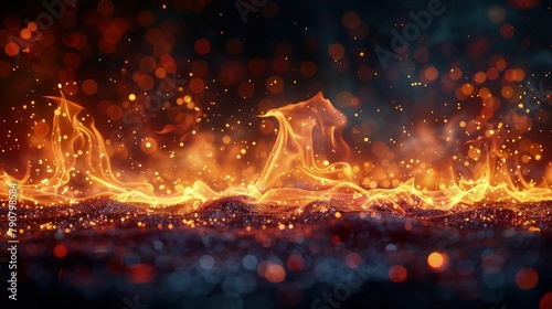 Obsidian Ignition. Flames Igniting the Night, Surrounded by Glimmering Bokeh Orbs.