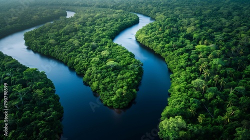 Lush Greenery: Aerial Shot of Serpentine River in Tropical Forest, generative ai