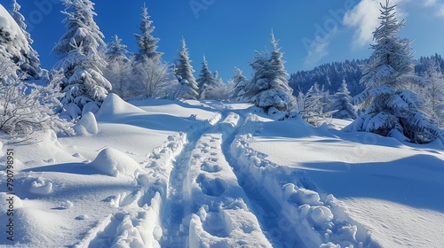 Snowy Path Through Pine Forest, generative ai
