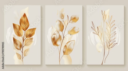 Modern set of botanical wall art. Line art drawing with abstract shape. Abstract Plant Art design for wall framed prints, canvas prints, posters, home decor, covers, wallpapers.