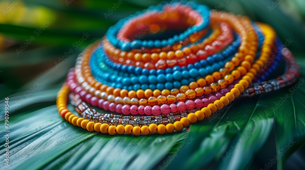 Colorful Beaded Necklaces on Leaf, generative ai Colorful Beaded Necklaces on Leaf, generative ai