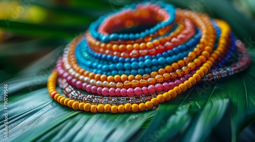 Colorful Beaded Necklaces on Leaf, generative ai