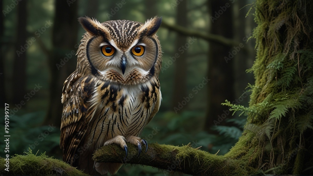 Obraz premium A wise old owl sits perched on a moss-covered branch, its gaze piercing into the depths of the forest. This hauntingly beautiful image captures the owl's ancient wisdom and deep connection to nature. 