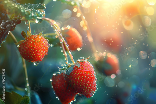 /imagine: Morning dew glistening on plump strawberries in the early light.