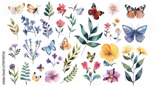 Bird, butterfly, dragonfly, honeybee, flower, wildflower, leaf, ladybug modern illustrations. For logos, wedding invitations, decorations, and more.